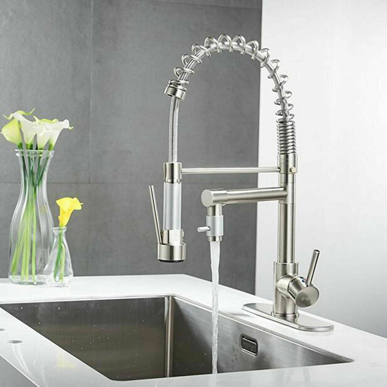 Senlesen Brushed Nickel Kitchen Sink Faucet Pull Down Spray Tap W/Plate
