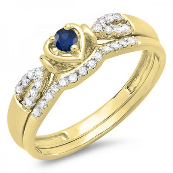 Dazzlingrock Collection 18k Round Blue Sapphire & White Diamond Heart Shaped Engagement Ring Set 1/4 CT, Yellow Gold, Size 8.5