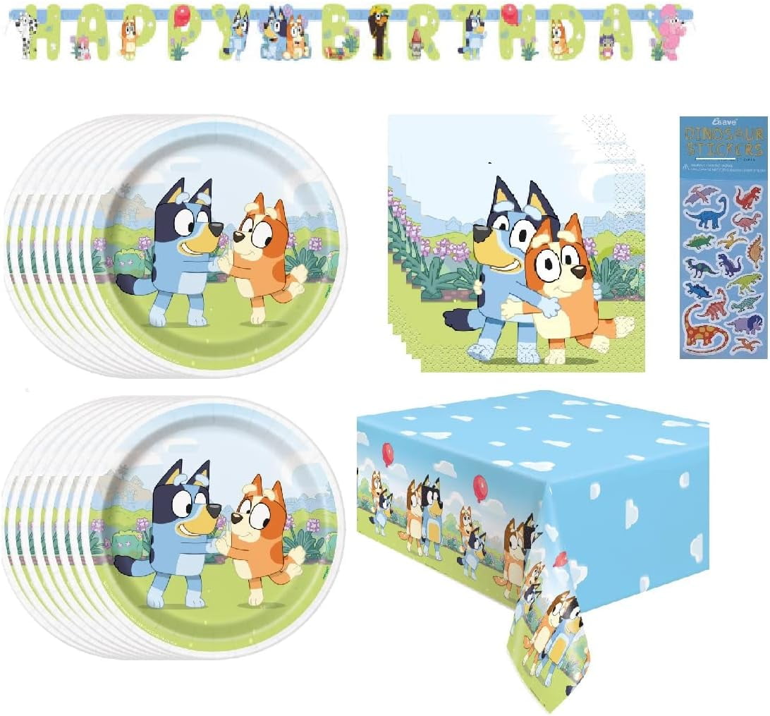 Bluey Birthday Party Supplies Bundle includes 16 Dessert Cake Plates, 16 Napkins, 1 Table Cover, 1 Happy Birthday Banner (Bundle for 16)