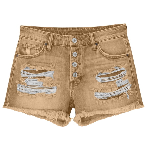 Zynoxe Women's Denim Shorts with Pockets Trendy High-Waisted Frayed Jean Shorts Straight-Leg Button Ladies Shorts S