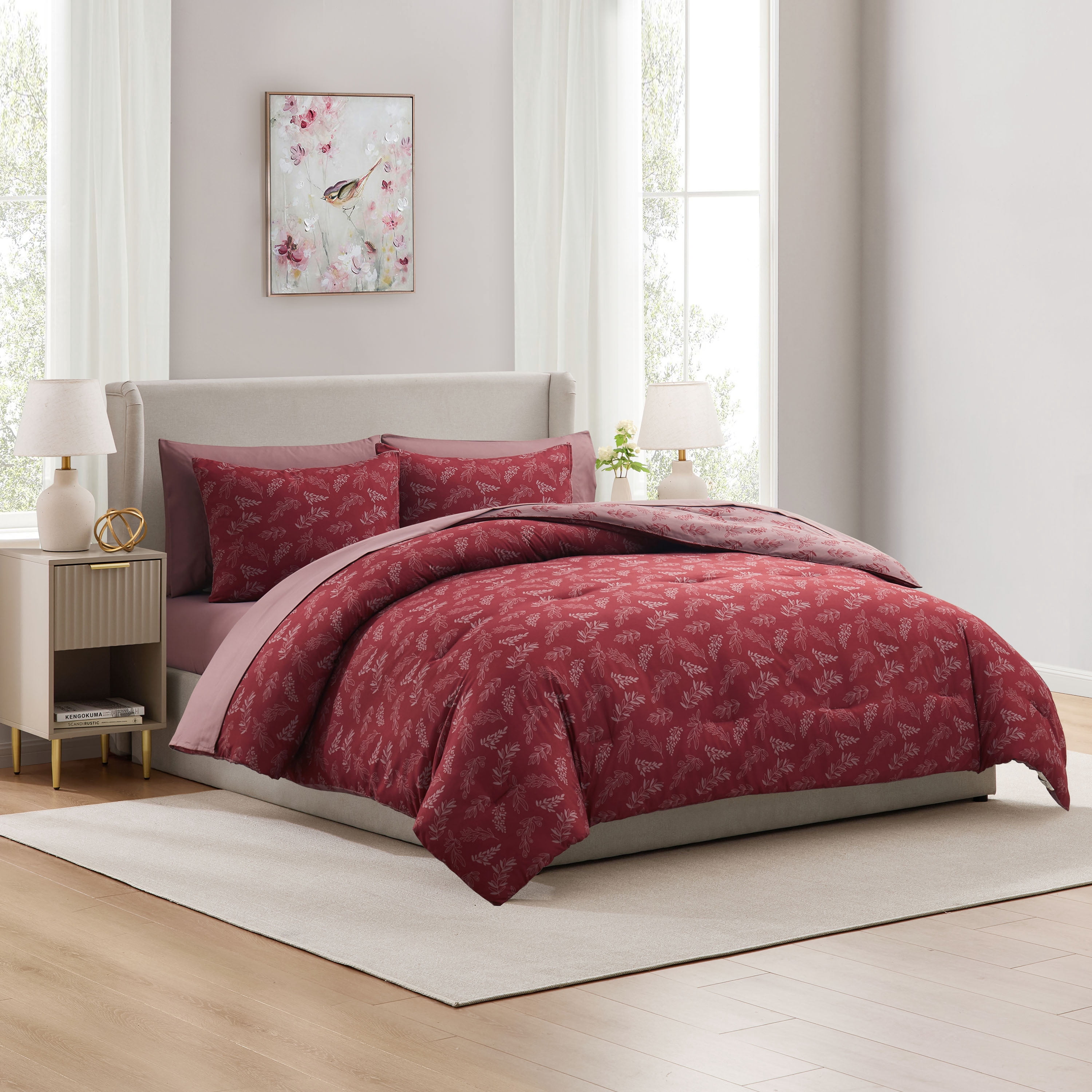 LammaLoe Queen Comforter Set, 7 Piece Botanical Bed in a Bag, Reversible Bedding Comforter Set with Sheets, Modern Queen Bed Set, Mulberry/Smoky Lavender