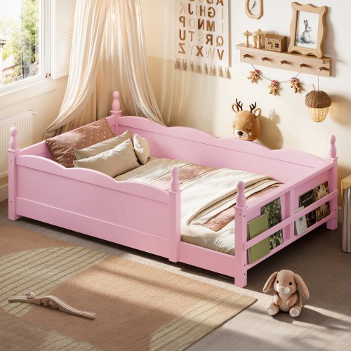 HICOMILA Twin Floor Bed with Guardrails and Book Shelf