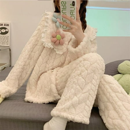 

CoCopeaunt Womens Autumn Winter Coral cotton Long Sleeved Pyjama Set Warm Coral Cute Cartoon Pijama Set Round Neck Homewear Women