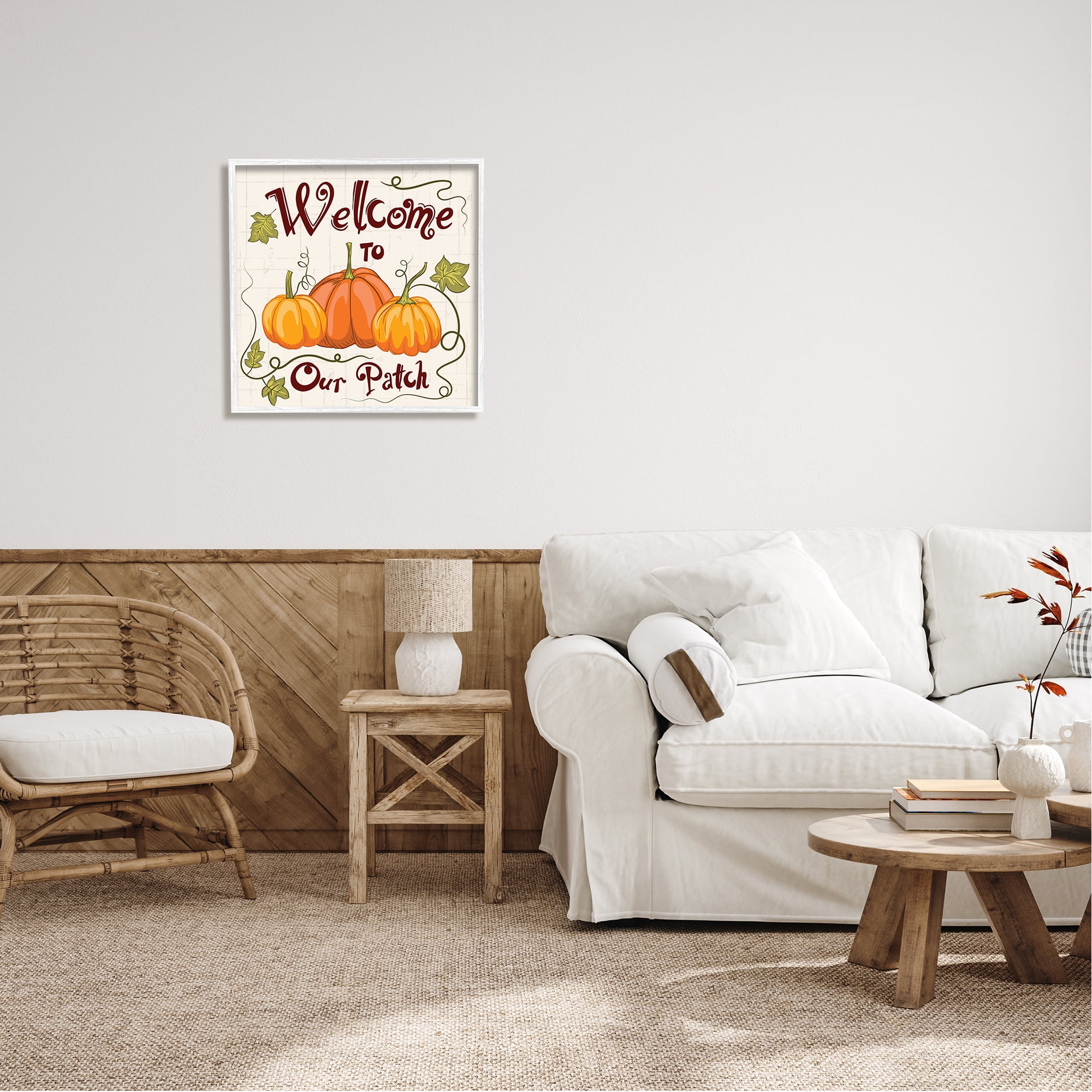Stupell Industries Whimsical Fall Welcome Pumpkins Inspirational Painting White Framed Art Print Wall Art, 24 x 24