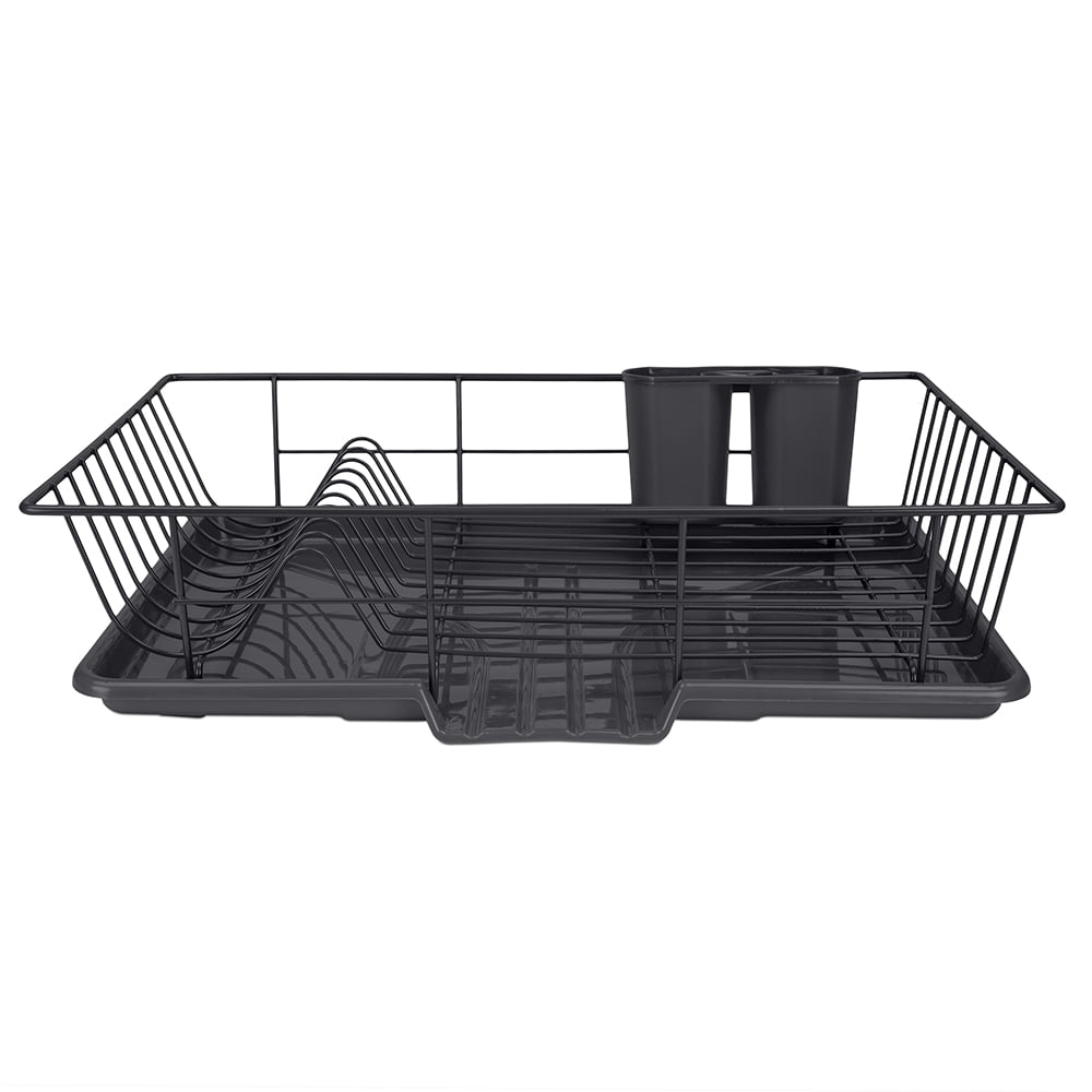 Home Basics 3 Piece Rust-Resistant Vinyl Dish Drainer with Self-Draining Drip Tray, Plastic Black