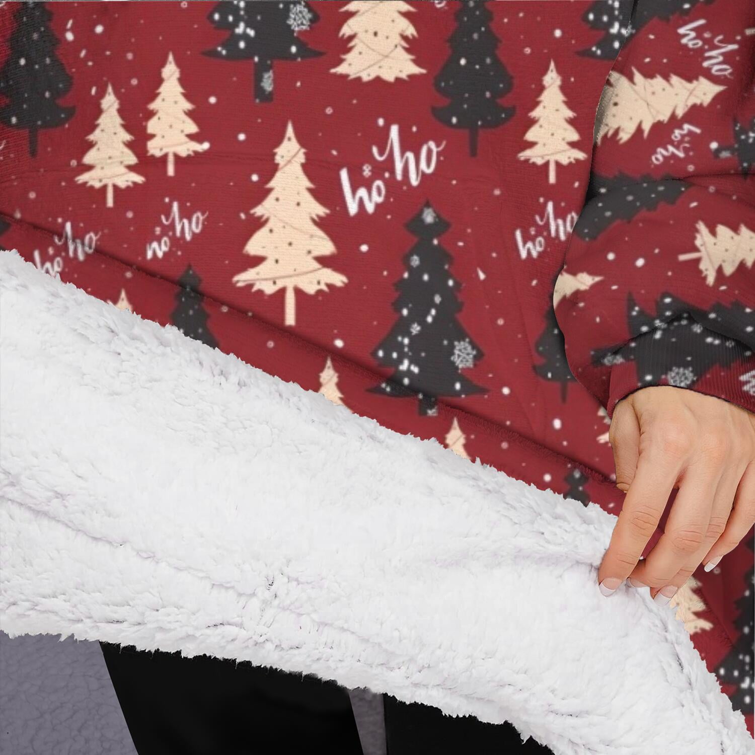 Oversized Wearable Blanket Hoodie,Red Christmas Tree Pattern Sherpa Blanket Hoodie with Super Pockets,Super Warm Fuzzy Pullover for Women & Men