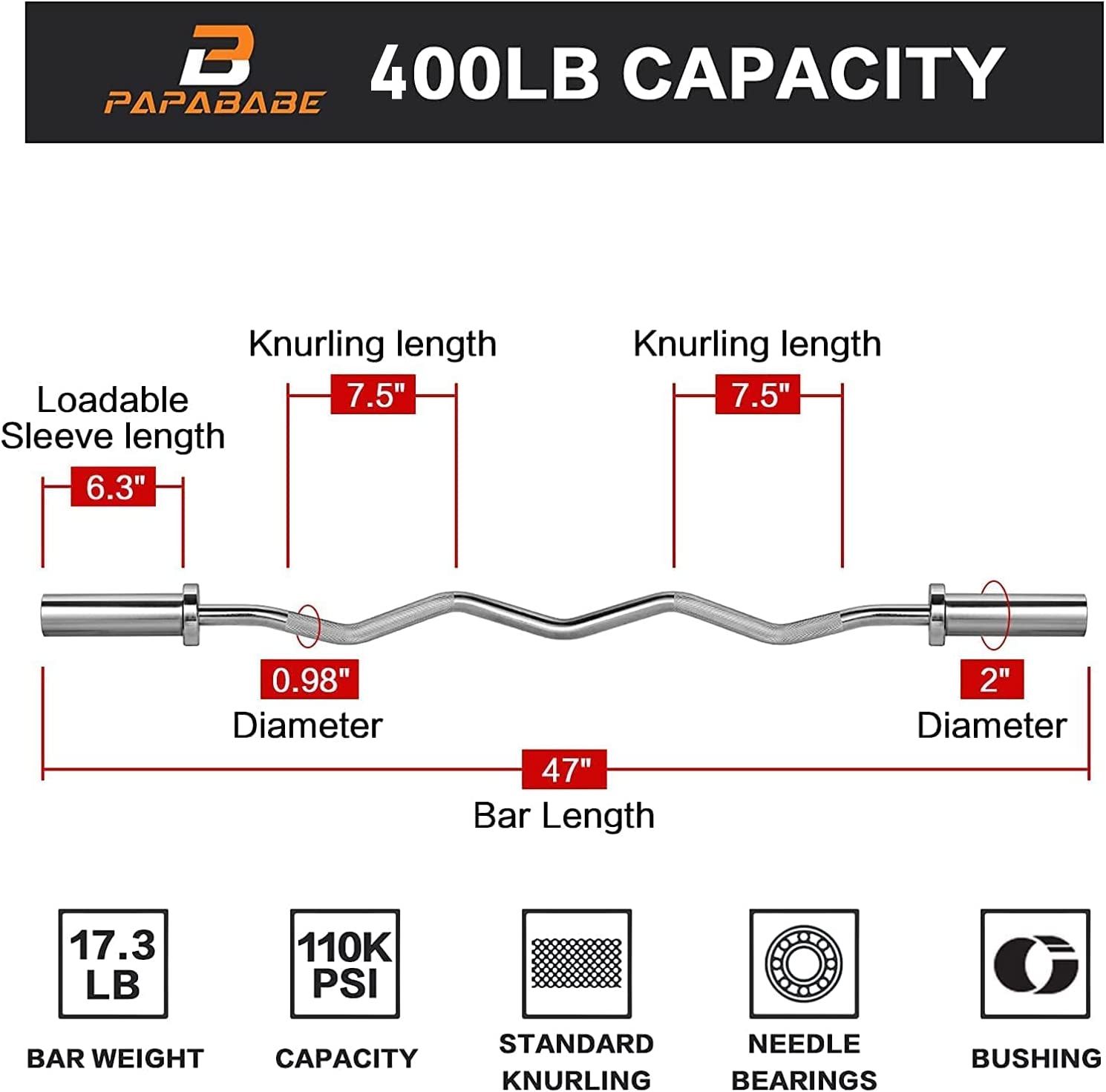 Buy PAPABABE Olympic Barbell 47 Barbell 400LB Competition Bar (black