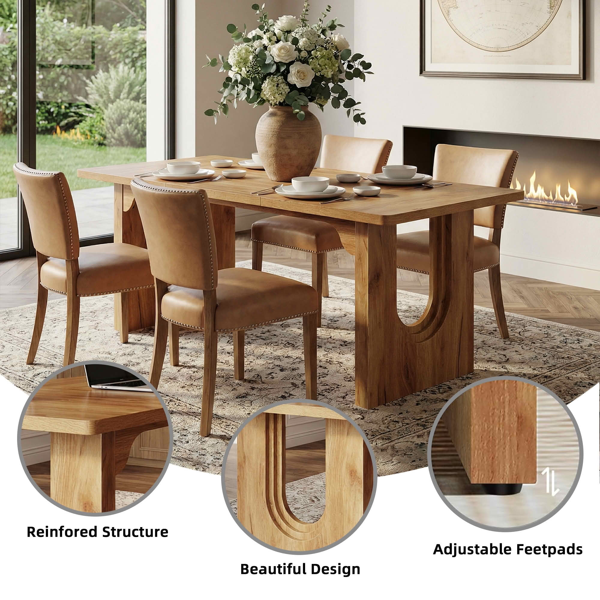 MAYEERTY 71 Inch Modern Rectangular Dining Table, Large Wood Kitchen Dinner Table with Double Pedestal Base for 6 to 8 People