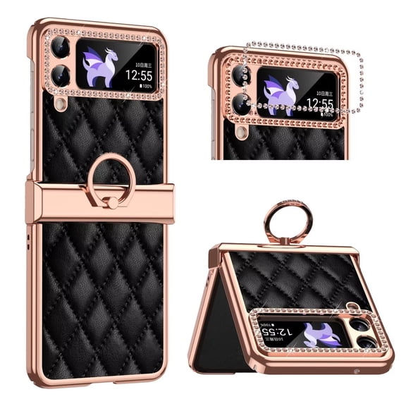 MonsDirect for 6.7 inch Samsung Galaxy Z Flip 4 5G 2022 Case, Hinge Protection Plating Frame Hard PC Shell Diamond PU Leather Cover Shockproof with Finger Ring Stand Holder for Galaxy Z Flip 4, Black