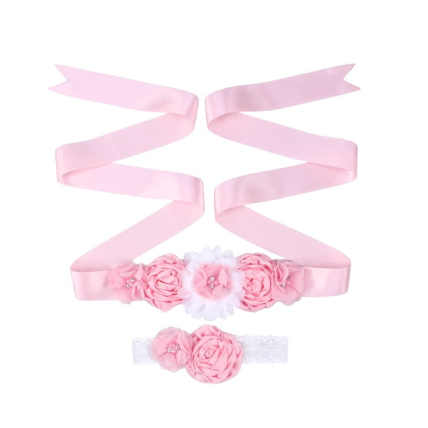 Conjunto de 2 fajas y diademas para niña de las flores con flores, diamantes de imitación y perlas de satén, para vestido de noche de boda (rosa)