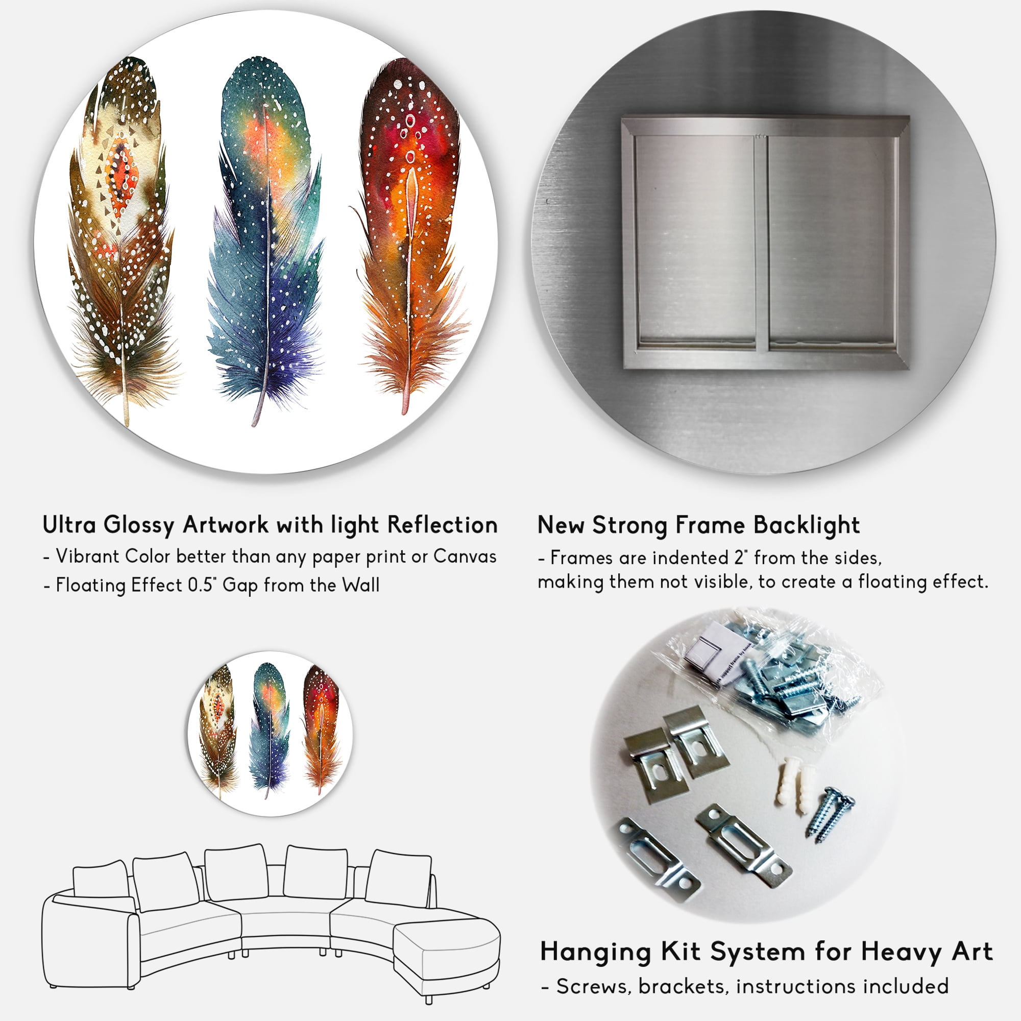 Designart 'Colourful Boho Art Feather Set IX' Bohemian & Eclectic Circle Metal Wall Art 29x29 - Disc of 29