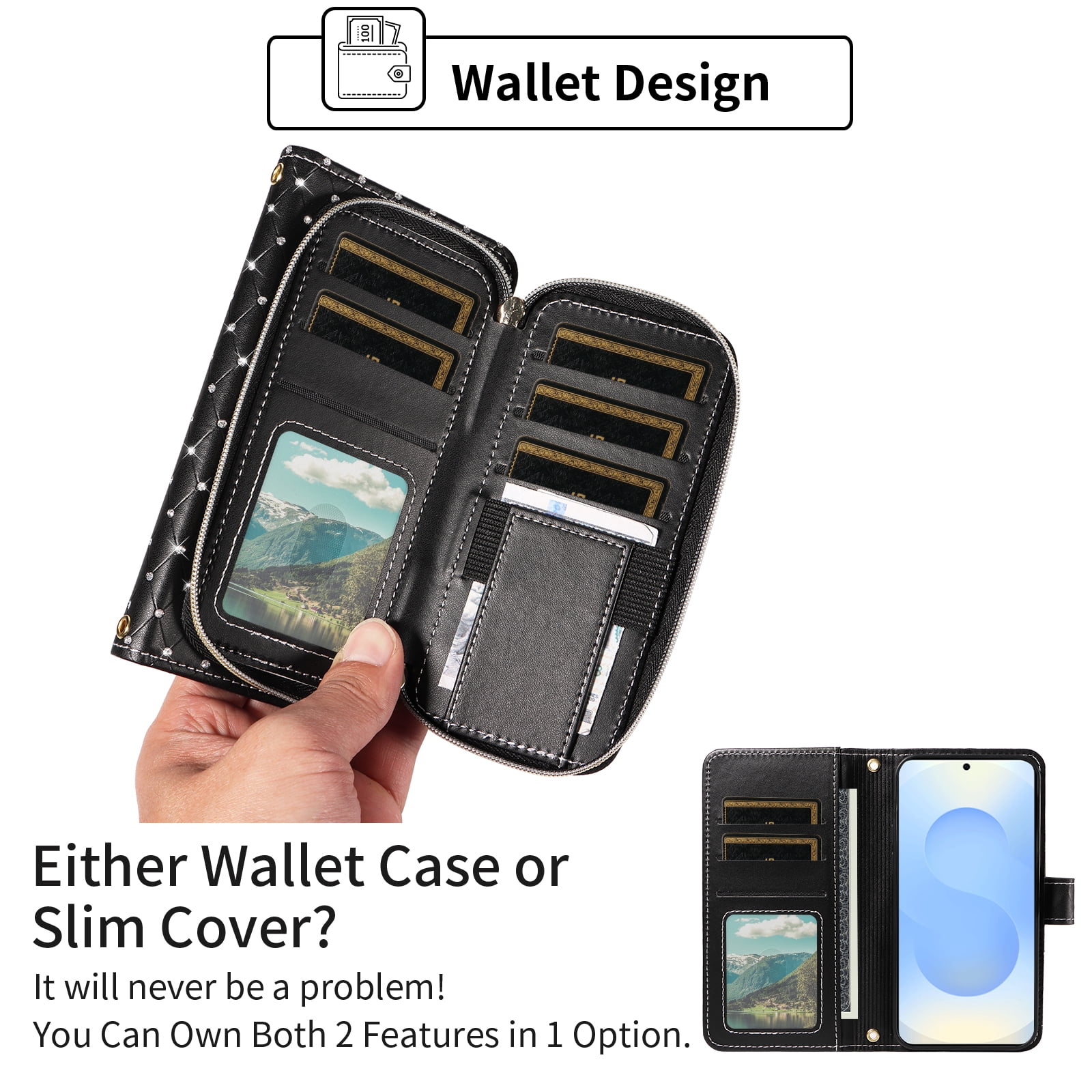 Asuwish Wallet Phone Case for Samsung Galaxy S26 Ultra 5G Tempered Glass Screen Protector Bling Glitter Crossbody Lanyard Strap Flip Zipper Purse Card Holder Cell Cover S26Ultra 26S S 26U Women Black
