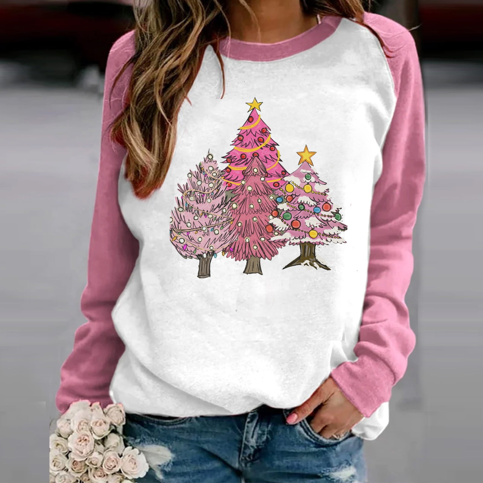 T Shirt Oversize Femme NoëL- Sweatshirt Sport Manches Longues-Tunique Col Rond Automne Et Hiver NoëL Imprimé Drole Pullover Grande Taille DéContracté Ample Christmas Pas Cher Chauds Tops