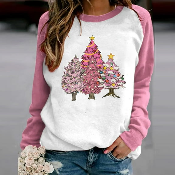 pimelu Christmas Sweater Clearance Cute Christmas Shirts for Women Trendy Pink Patchwork Christmas Tree Print Sweatshirt Plus Size Long Sleeve Crewneck Pullover Sweatshirt