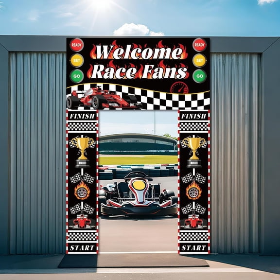 Welcome Race Fans Photo Door Banner 5.9x8.8 Ft Race Car Birthday Party Decorations Checkered Racing Background Frame Hanging Porch Multi-color