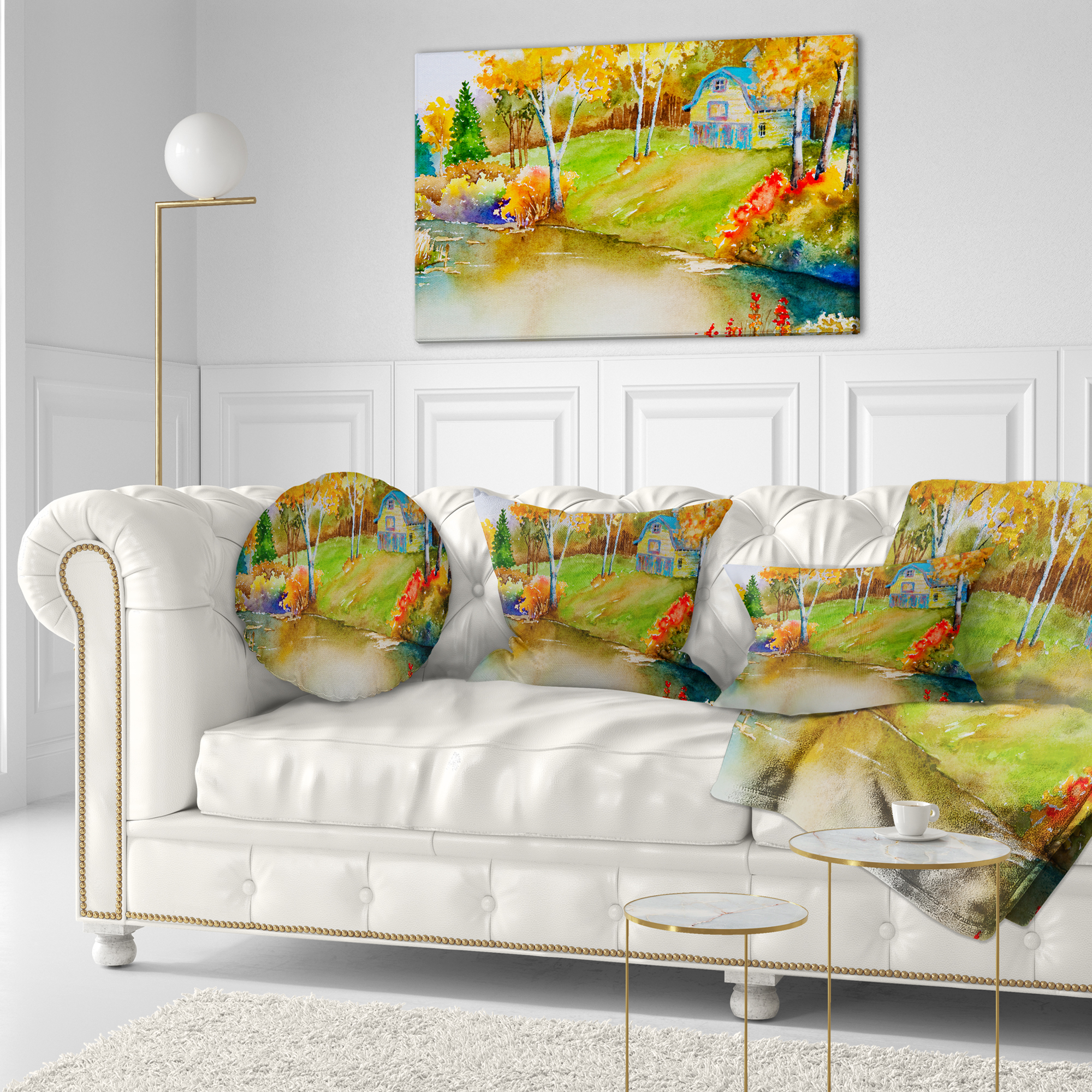 Designart House and Quiet Pond in Fall - Landscape Printed Throw Pillow - 12x20