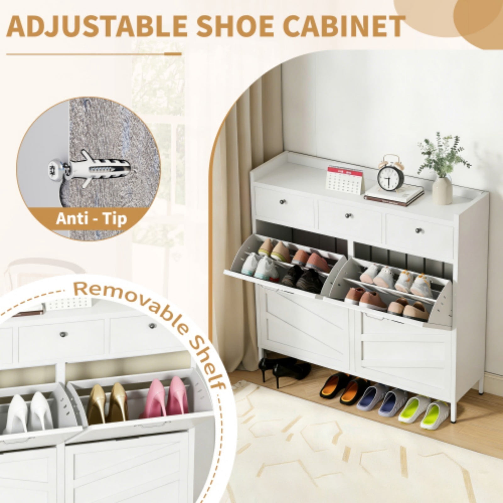 Metal Shoe Cabinet with 4 Flip Drawers & 3 Storage Drawers, Slim 11.8" Deep Freestanding Steel Entryway Shoe Organizer with Anti-Tip Device, White Modern Shoe Rack for Hallway & Apartment