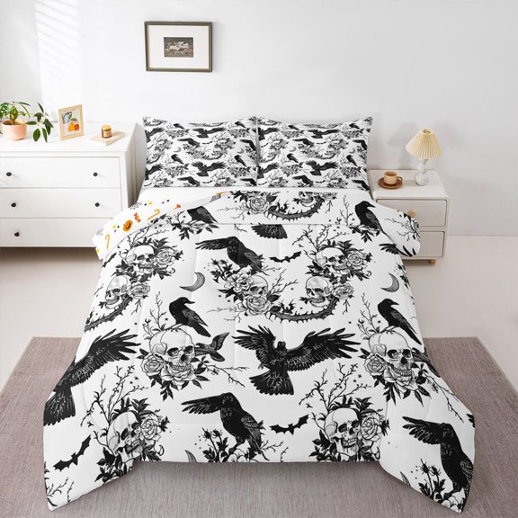 Feelyou Boho Raven Rose Full Size Comforter Sets, Spooky Skull Bat Bedding Comforter Set, Black White, Halloween Reversible, 3pcs, 1 Comforter and 2 Pillowcases