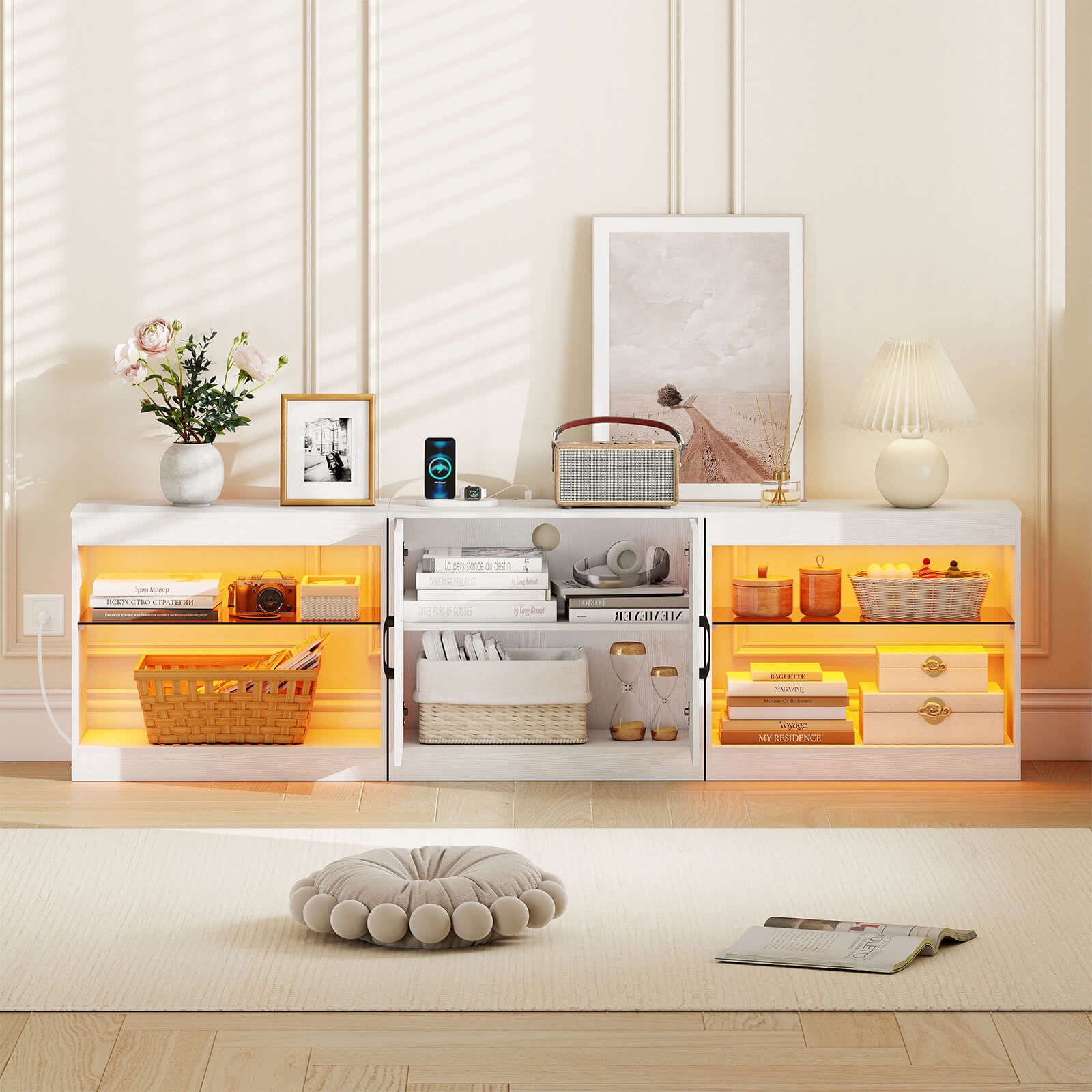 Costway TV Stand with Power Outlets Adjustable LED Lights Storage Cabinet for TVs up to 85” White