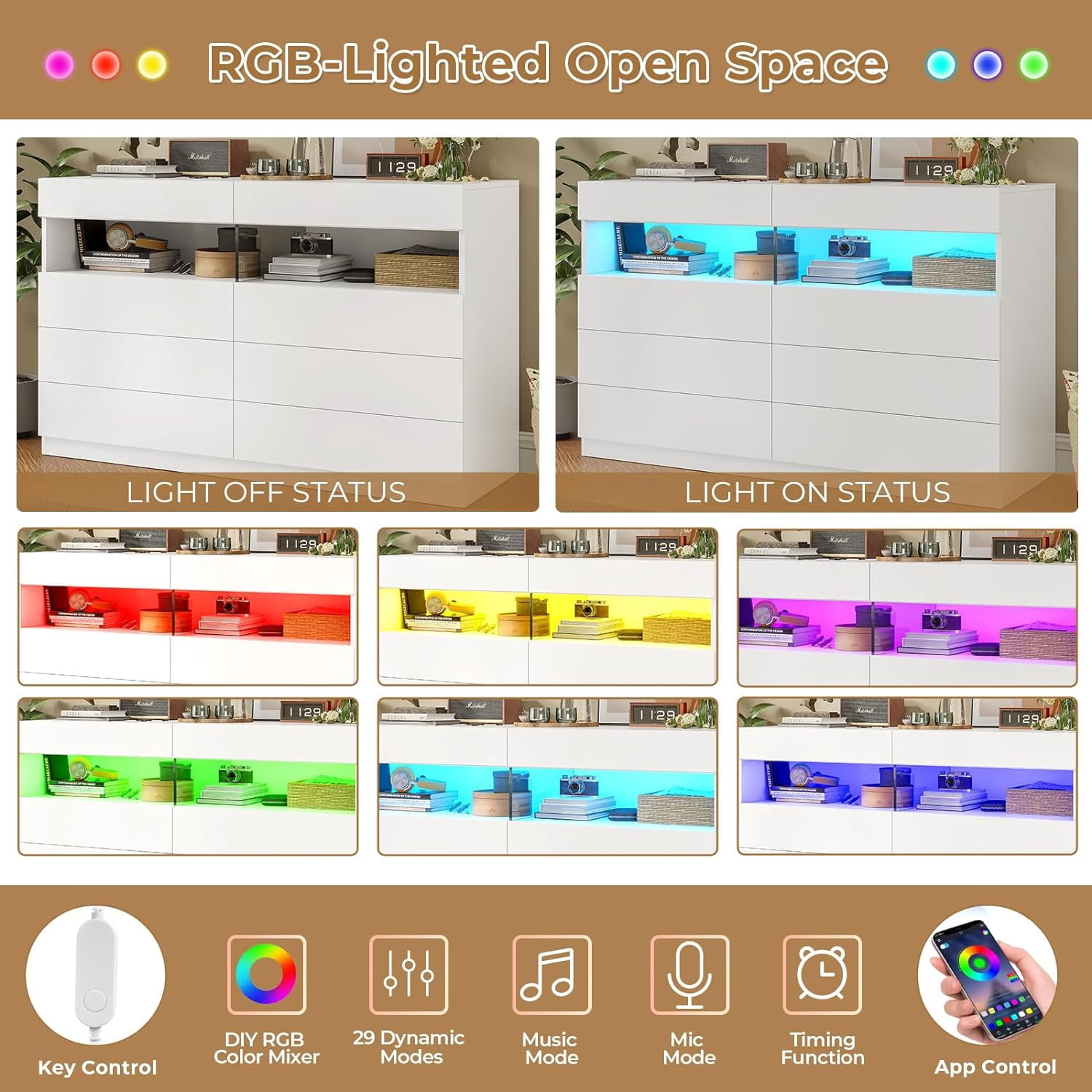 8 Drawers Dresser with Light, Wooden Chest of Drawers with Open Compartment,Modern Wide LED Dresser for Bedroom Living Room,White
