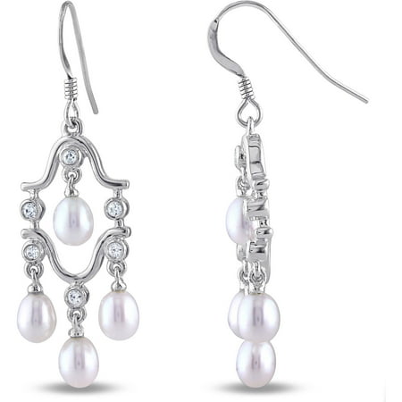 Vintage Pearl Chandelier Earrings - 4-4.5mm White Rice Cultured Freshwater Pearl and 1/4 Carat T.G.W. Cubic Zirconia Sterling Silver Chandelier Earrings
