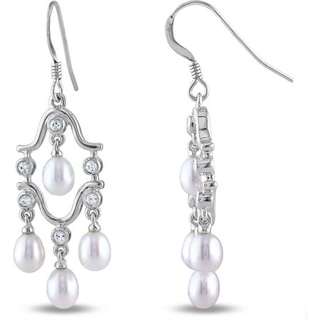 4-4.5mm White Rice Cultured Freshwater Pearl and 1/4 Carat T.G.W. Cubic Zirconia Sterling Silver Chandelier Earrings