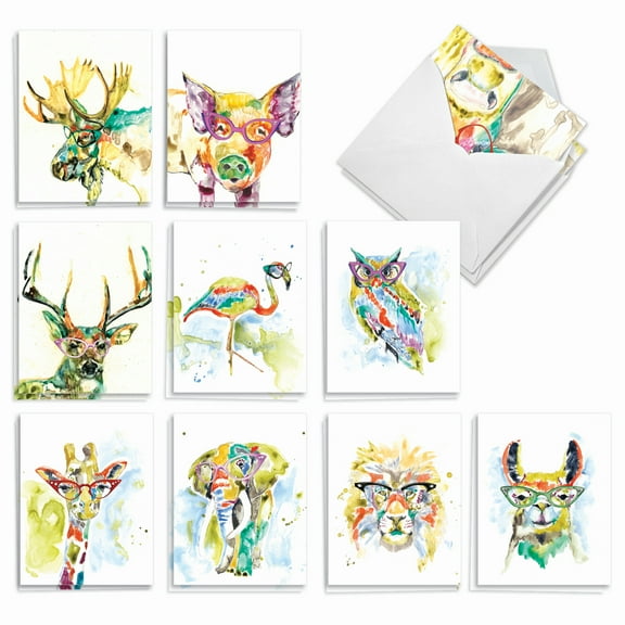 20 Blank All Occasion Cards Assorted (10 Designs, 2 Each) - Rainbow Splash Animals All Occasion (4" x 5.12") AM6137OCB-B2x10
