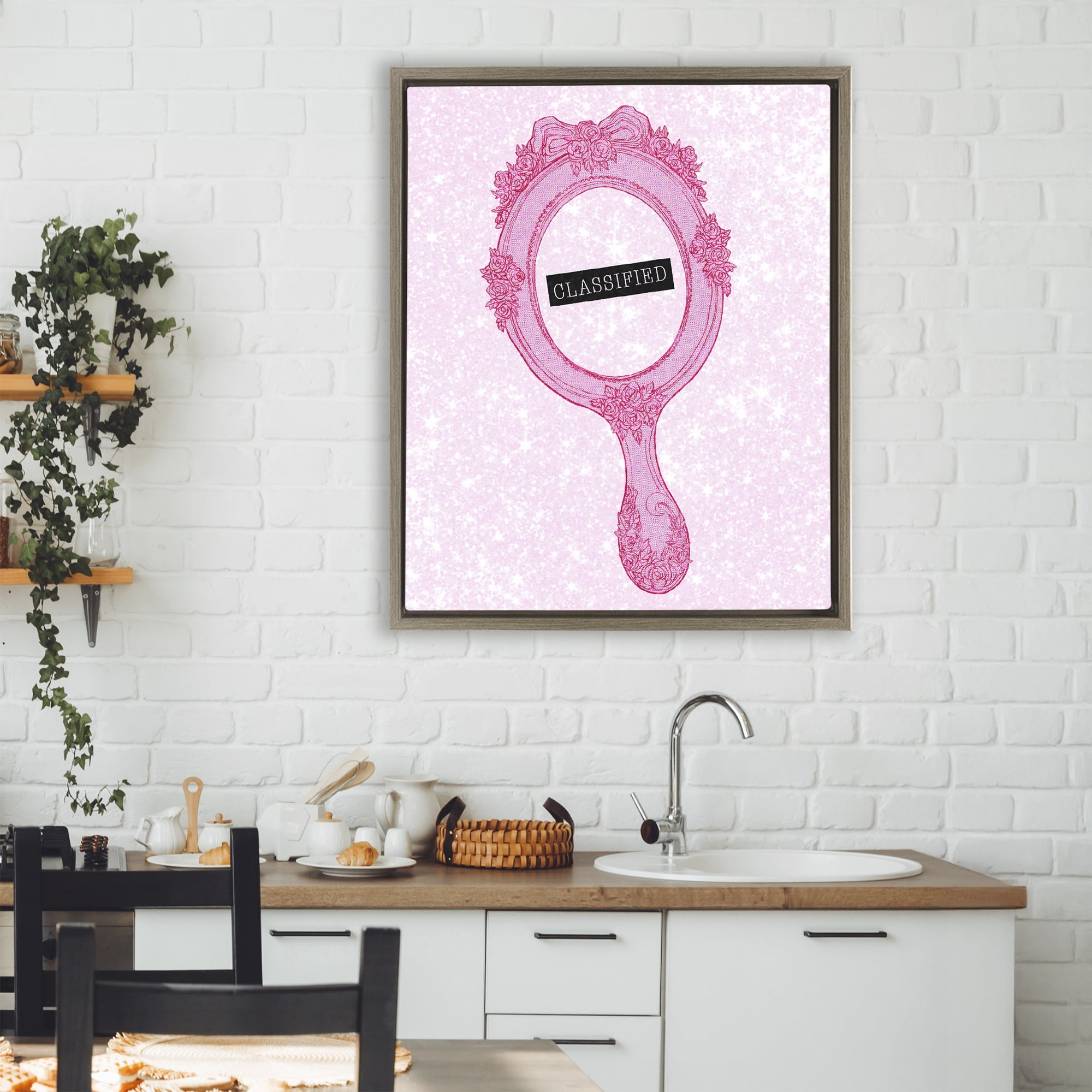 Stupell Industries Classified Ornate Pink Mirror Brown Framed Floater Canvas Wall Art, design by Ziwei Li