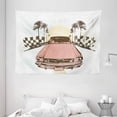 thumbnail image 1 of Grunge Tapestry, Old Fashioned Car Auto Sport Checkers Palms Sun Retro Road Racing Speed, Wall Hanging for Bedroom Living Room Dorm Decor, 80W X 60L Inches, Coral Mint Green Yellow, by Ambesonne, 1 of 2
