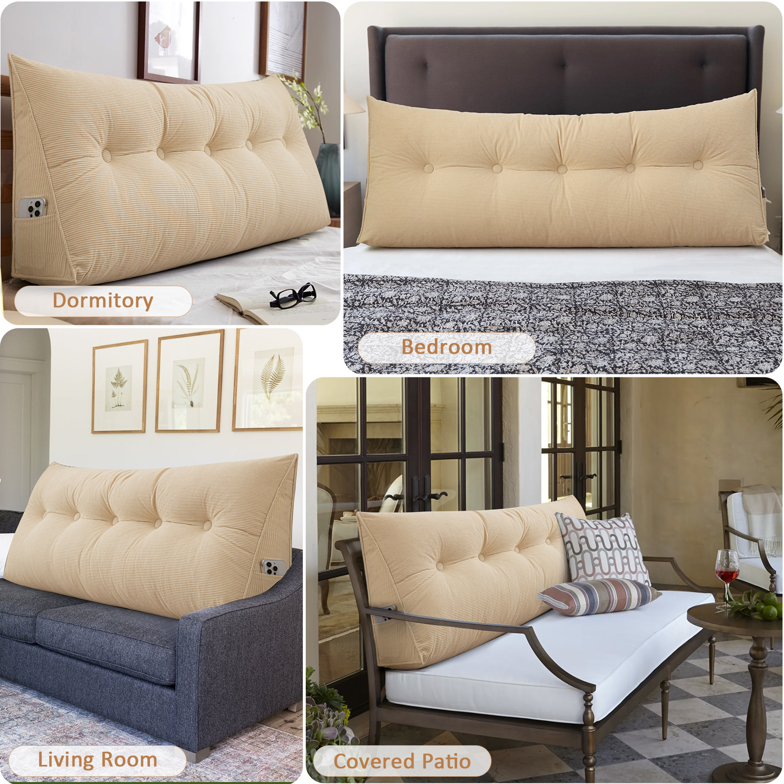 ANMINY Bed Wedge Pillow for Headboard Gap Reading Lumbar Back Rest Support Pillow for Bed Sofa Large Long Pillow with Side Pockets Removable Cover, 39"x20", Khiki