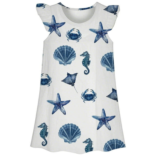 Hiiyo Girls Nightgown Starfish Shells Ruffle Sleeve Nightdress Pajama Dress, Sizes 3-10