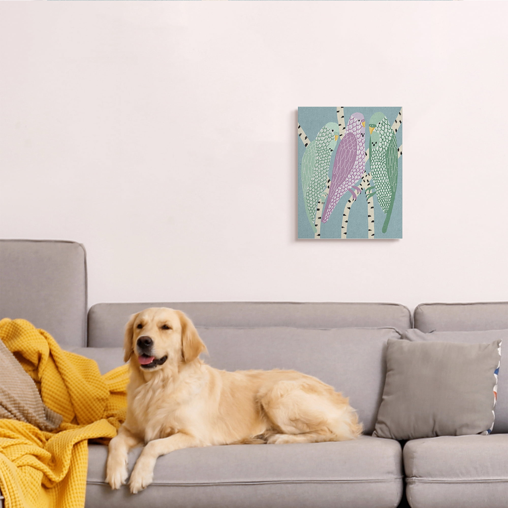 Daphne Polselli Parakeets Perched On Birch 16" x 20" Painting Canvas Art Print, by Stupell Home Décor