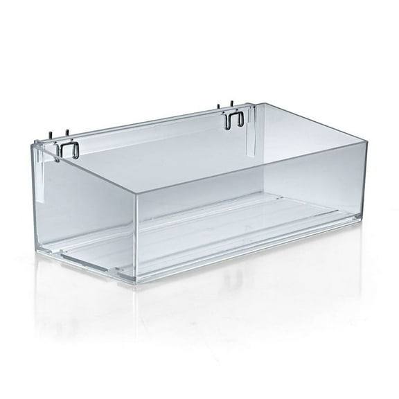 Azar Displays 556116 Clear Plastic Adjustable Divider Bin for Pegboard or Slatwall. Acrylic Storage Open Container, includes 2 Metal U-Hooks for hanging. Size: 16W x 7D x 4H