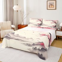 jejeloiu Japanese Minimalist Style Twin Sheet Sets,Pink Cherry Blossoms Twin Fitted Sheet,Pink Beige Gray Flat Sheet For Adults,Breathable Home Decor,3 Pieces