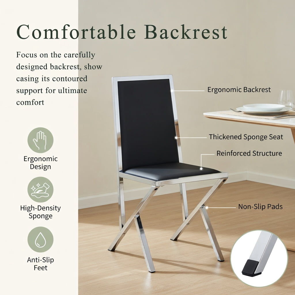 Hommoo 2-Pack Modern PU Leather Dining Chairs with Metal Frame, Ergonomic, Easy-Assembly, Adjustable Non-Slip Feet, Black & Sliver