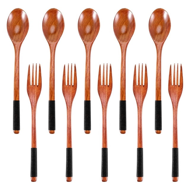Juego de Tenedores Cucharas Madera Utensilios Estilo JaponéS para Comer Cubiertos Reutilizables (Cordones Negros, 10 Piezas)