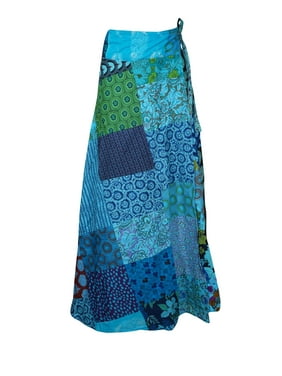Mogul Women Wrap Skirt Bohemian Indian Ethnic Patchwork Blue Print Cotton Long Maxi Wrap Around Skirt One size