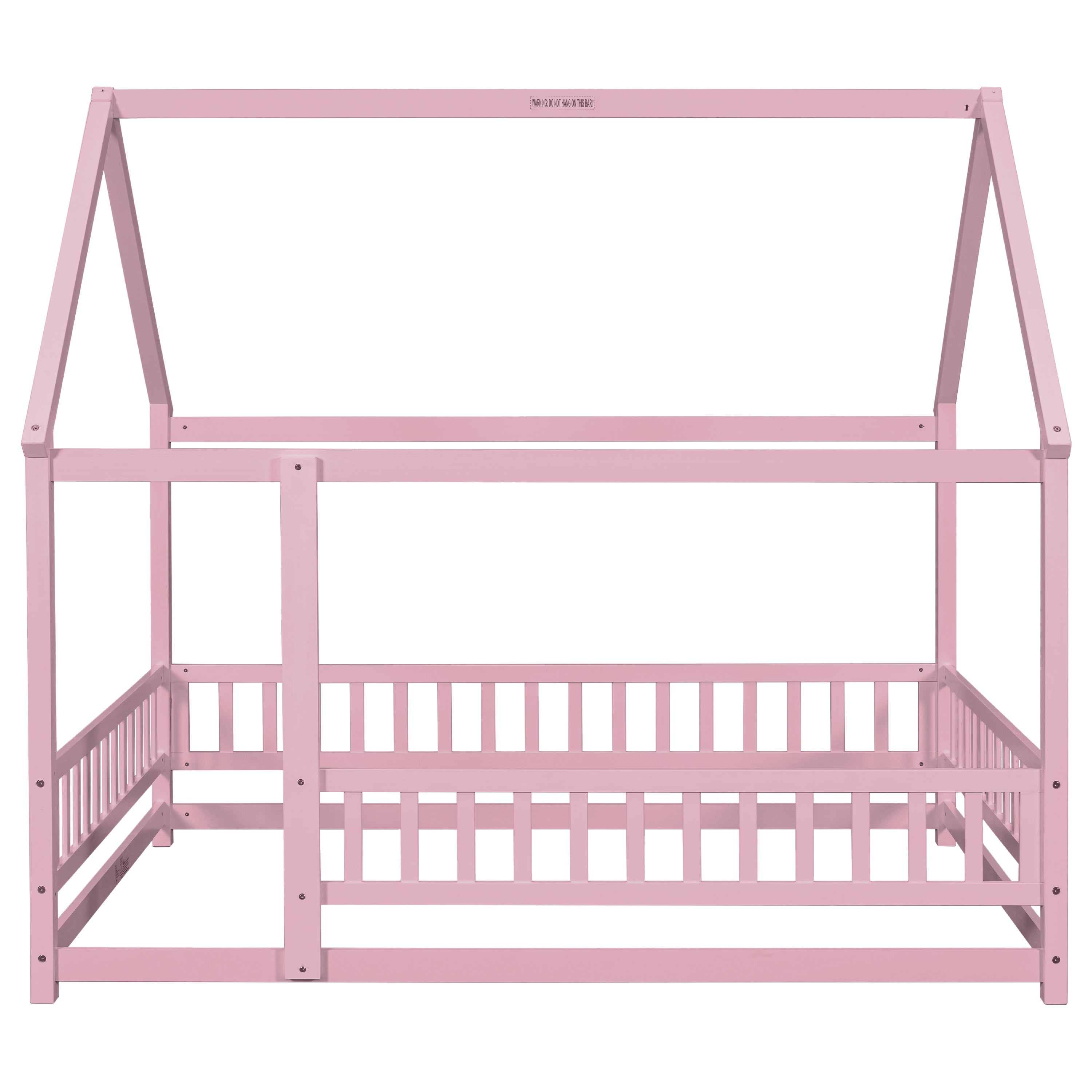 Bellemave Full Floor Bed, Wood Full Size House Bed Frame with Fence, Montessori Floor Bed for Bedroom（Pink)