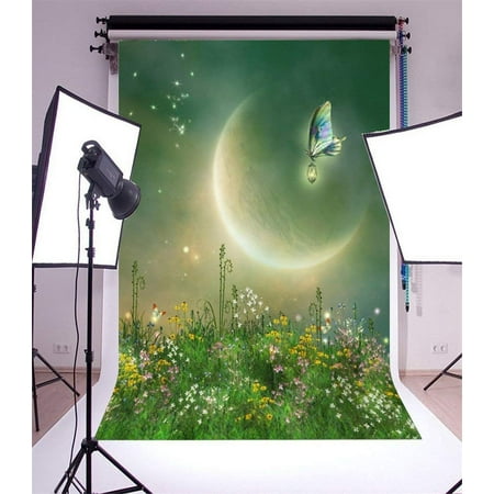 Image of ABPHOTO 5x7ft Photography Backdrop Dreamy World Fairy Tale Butterfly Blooming Flowers Bokeh Glitter Elf Moon Night Princess Photo Background Backdrops