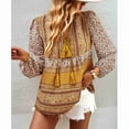 thumbnail image 3 of Blusa de manga larga con escote en V y estampado floral con cordón, corte holgado para primavera/otoño, color amarillo XL, 3 of 8