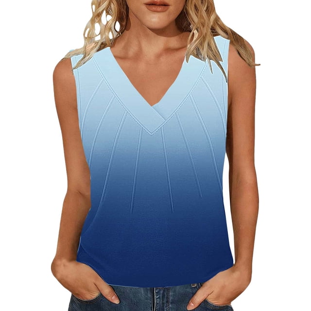 Mujeres sin mangas Tops de verano gradiente color fuera de posición impresión V-cuello blusa casual Mujeres V-cuello de verano Tops