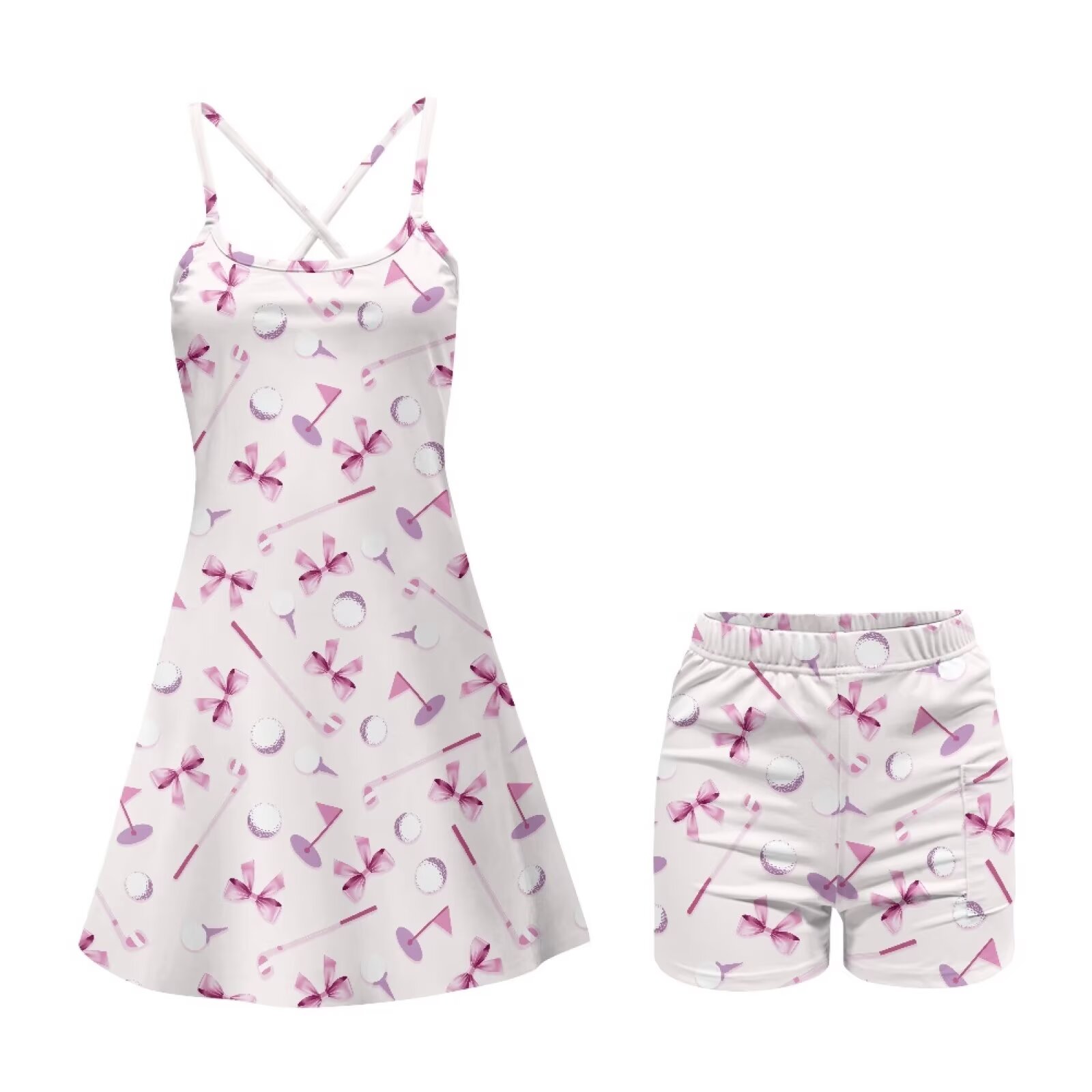 Yuyamidu 2 Pieces Bow Womens Tennis Dress, Golf Ball Golf Workout Dress with Shorts, Comfortable Women's Spaghetti Strap Activewear Dresses Size XS