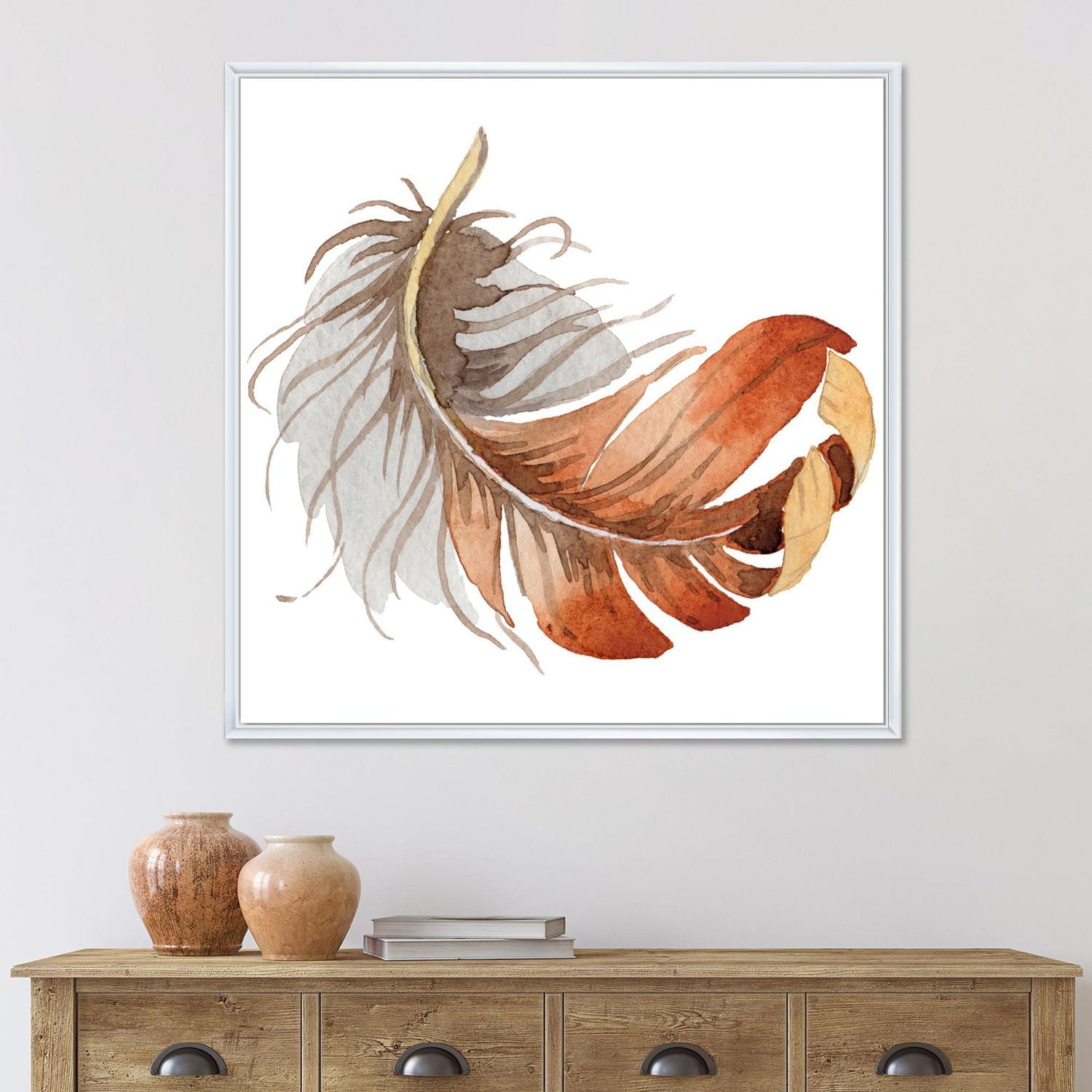 Designart Orange Ethnic Bird Feather FLOAT FRAME WALL ART