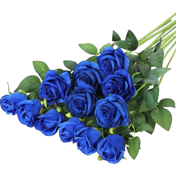 12 piezas de flores artificiales de terciopelo rosa, tallo largo falso, ramo de rosas artificiales, decoración de boda (azul) Rojo Verde Cocina, Decoración y Otros