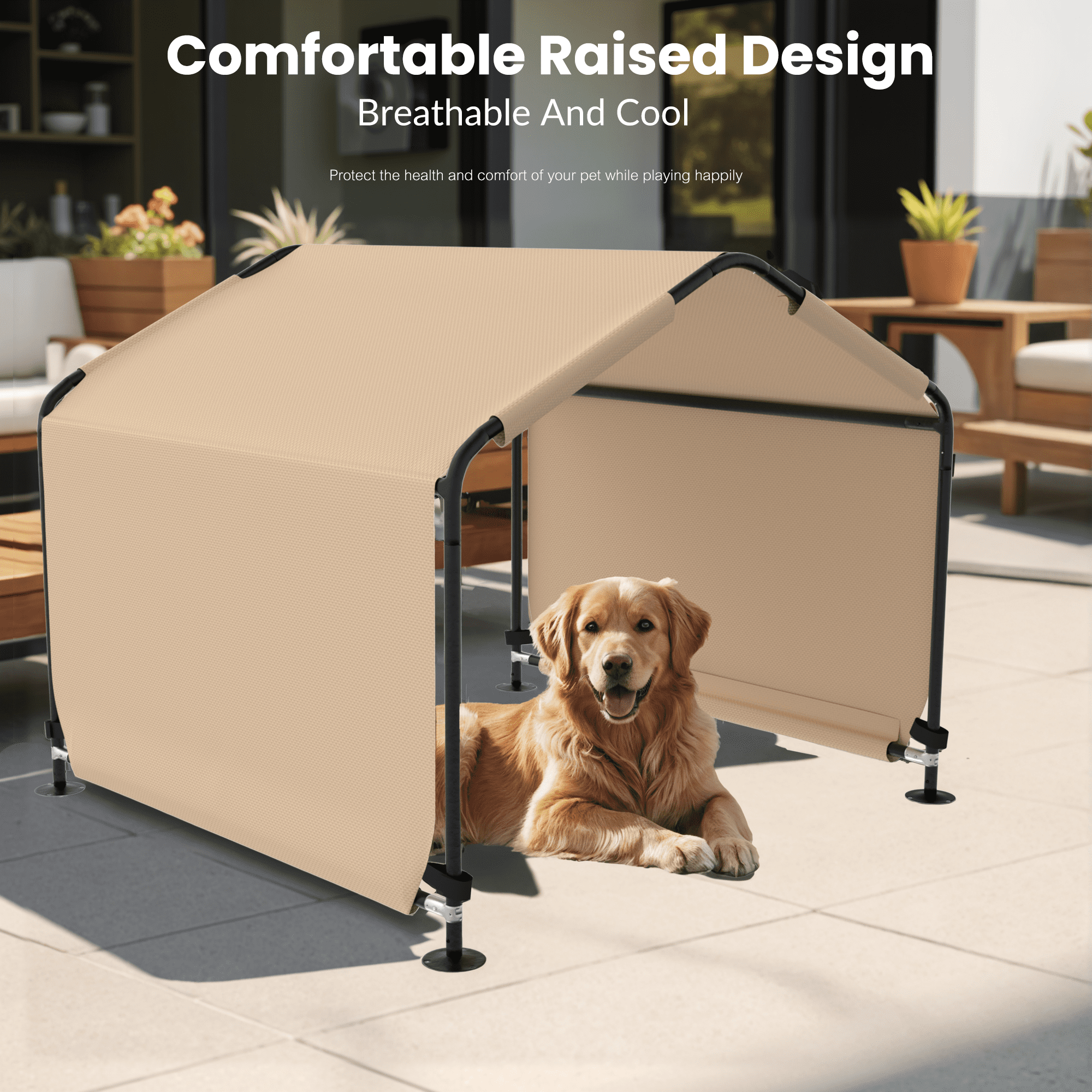 Outdoor Dog Shade Shelter 4'x4'x3' Portable Dog Tent Sun Rain Canopy for Outside Pet House for Large Medium Dogs, Cats, Pigs w/ Waterproof Roof, Ground Nails, Khaki