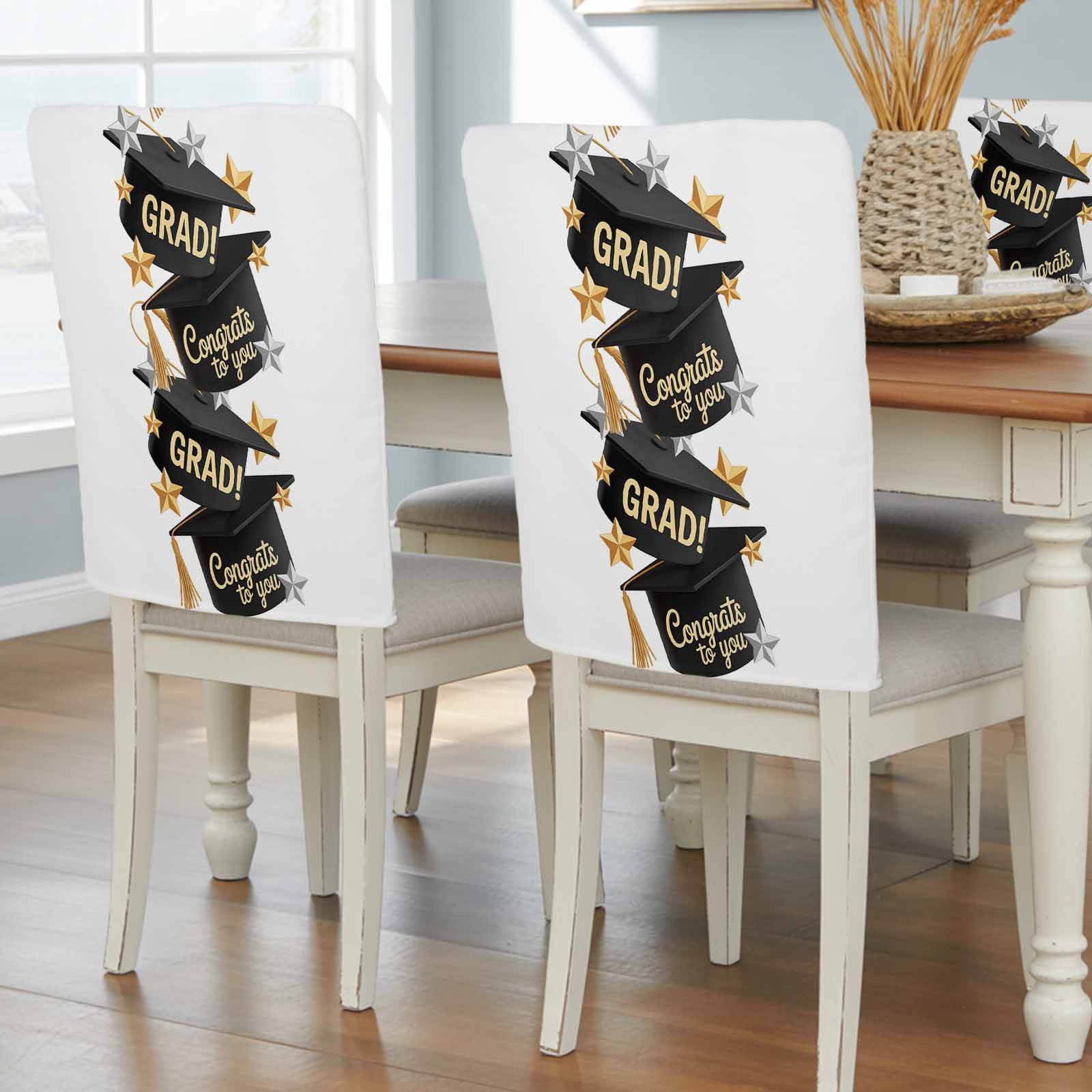 Congrats to You Chair Covers Set of 6 GRAD Graduation Hat Three-Dimensional Stars Chair Back Covers Stretch Removable Washable Slipcovers Protector for Dining Room Kitchen Party Decor