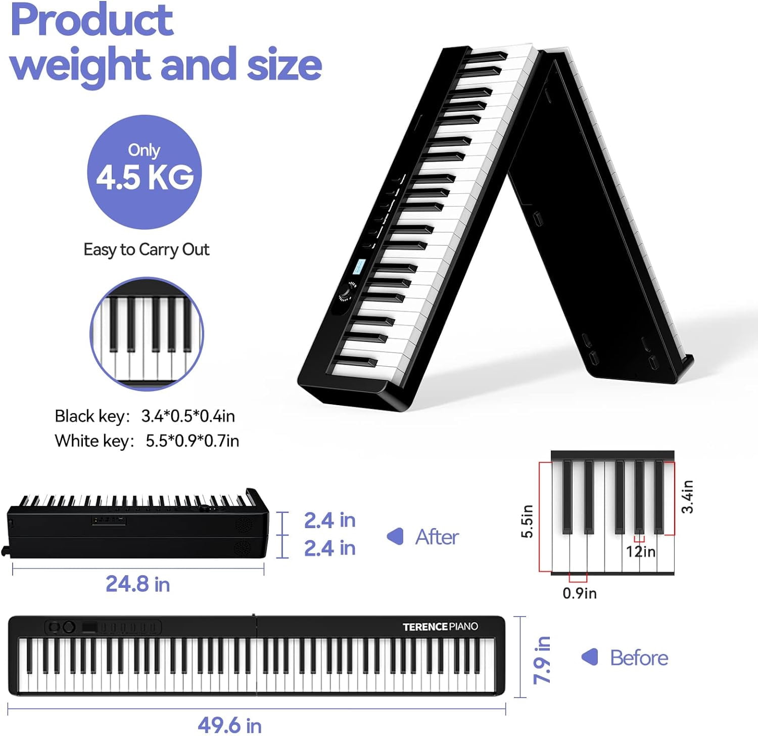Terence 88-Key Semi-Weighted Folding Portable Electronic Piano with Bluetooth, LCD Screen, Speakers, 2X5W Speakers