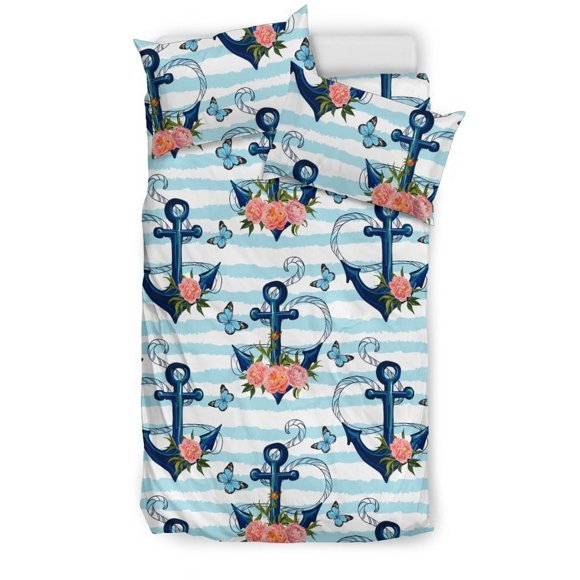 Anchor Flower Blue Stripe Pattern Bedding Set