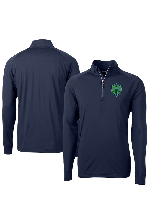 Men's-Cutter & Buck  Navy Seattle Sounders FC Adapt Eco Knit Stretch Recycled Raglan Quarter-Zip Top