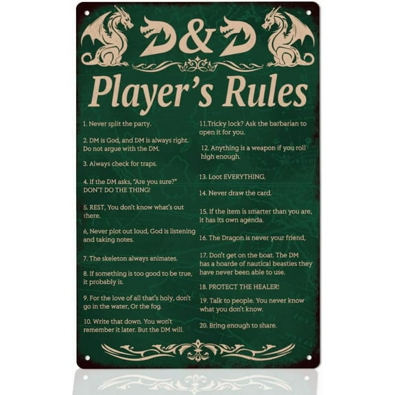 WEBEEDY D&D Player's Rules Sign Metal Tin Sign Vintage D&D Signs Dungeons and Dragons Wall Art Plaque for Home Wall Decor Club Shop Bar Pub Outdoor Decoration Gift for D&D Lover, 20x30cm/8x12''